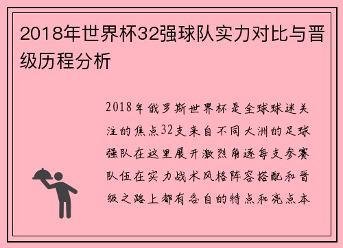 2018年世界杯32强球队实力对比与晋级历程分析