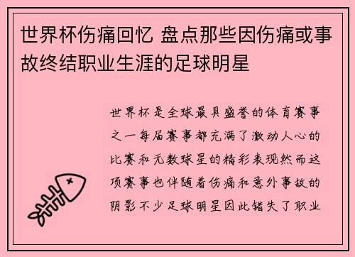 世界杯伤痛回忆 盘点那些因伤痛或事故终结职业生涯的足球明星