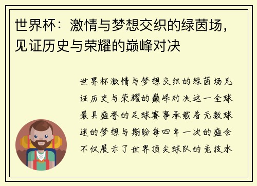 世界杯：激情与梦想交织的绿茵场，见证历史与荣耀的巅峰对决