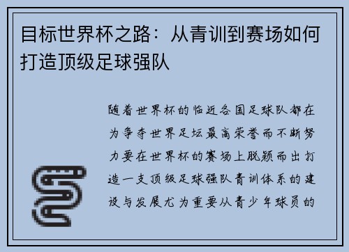 目标世界杯之路：从青训到赛场如何打造顶级足球强队